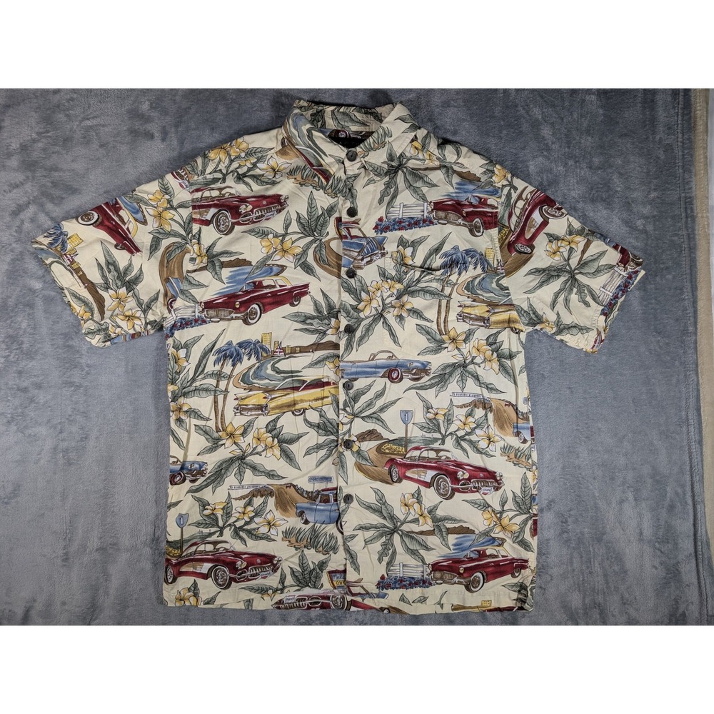 Cactus Black Label Mens Large Hawaiian Shirt Classic Cars Tropical Camp Cream